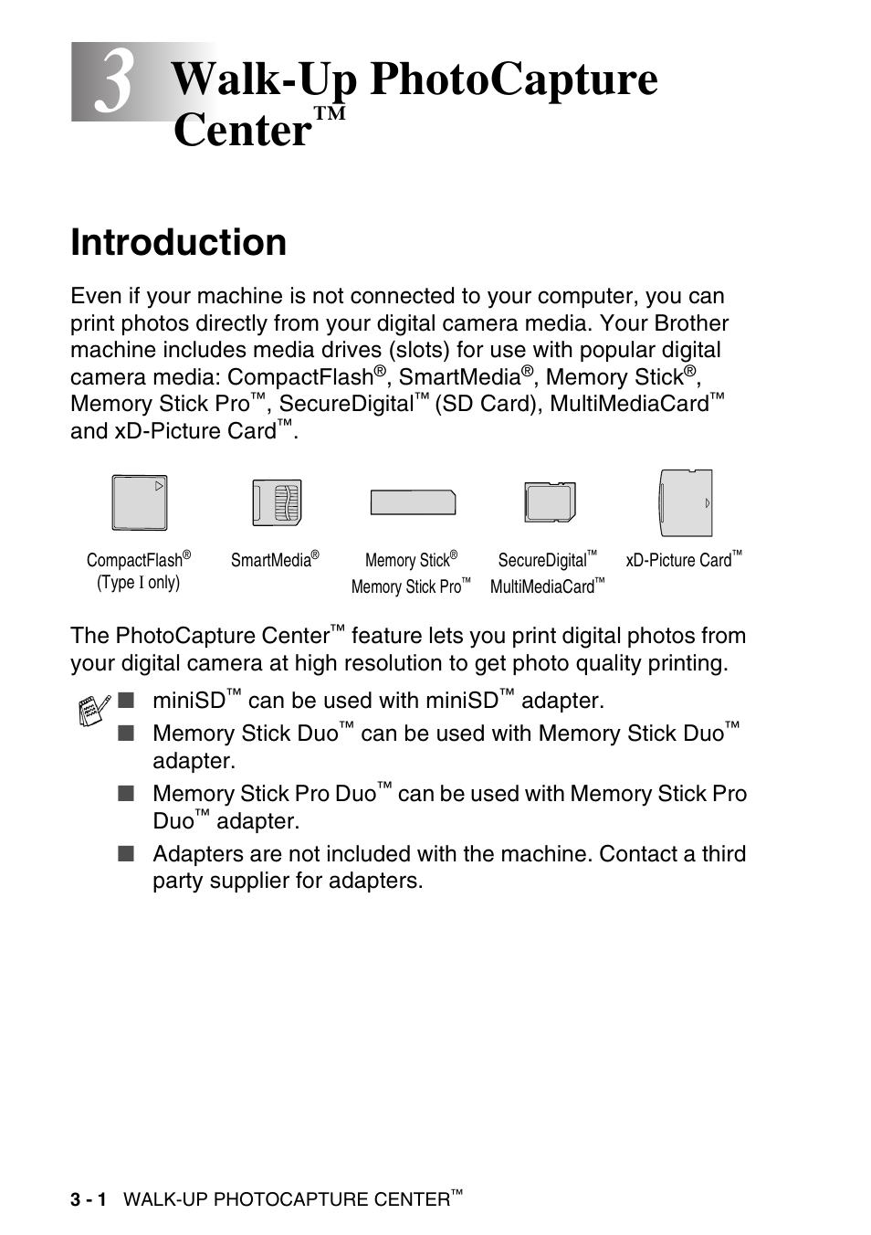 3 walk-up photocapture center, Introduction, Walk-up photocapture center | Introduction -1 | Brother DCP-115C User Manual | Page 46 / 110