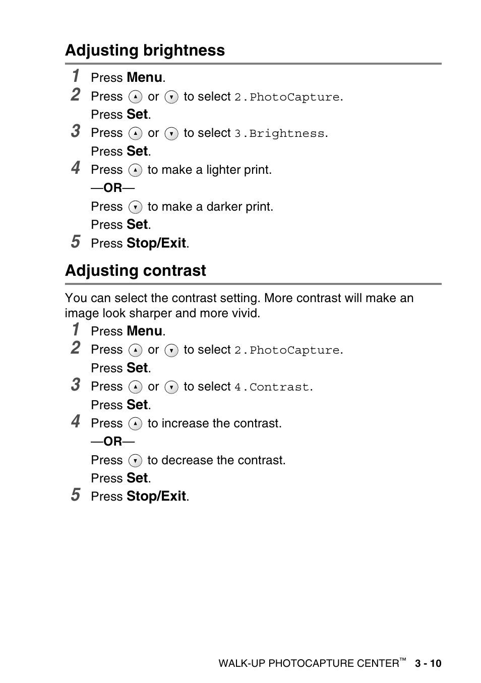 Adjusting brightness, Adjusting contrast, Adjusting brightness -10 adjusting contrast -10 | Brother DCP-115C User Manual | Page 55 / 110