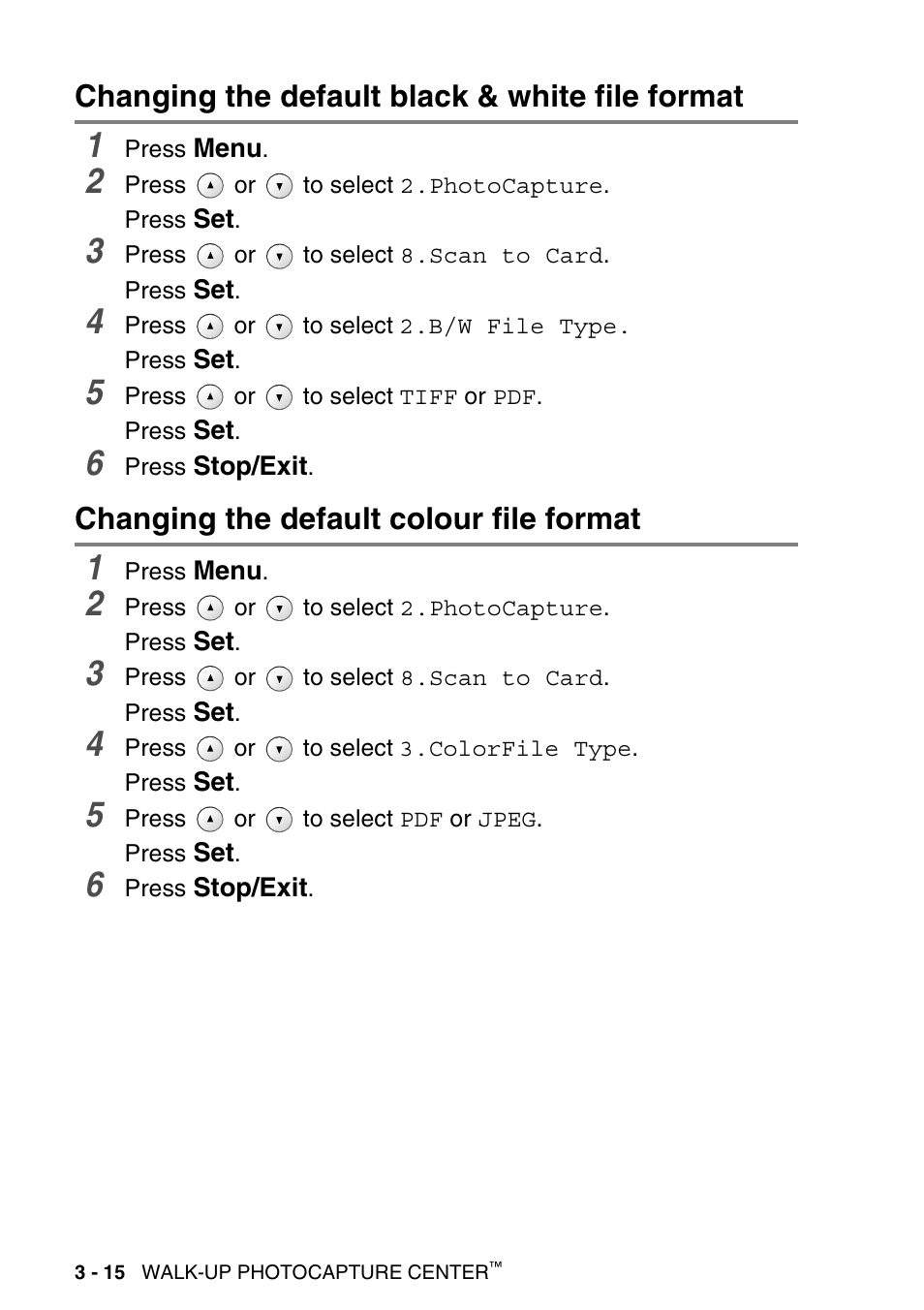 Changing the default black & white file format, Changing the default colour file format | Brother DCP-115C User Manual | Page 60 / 110