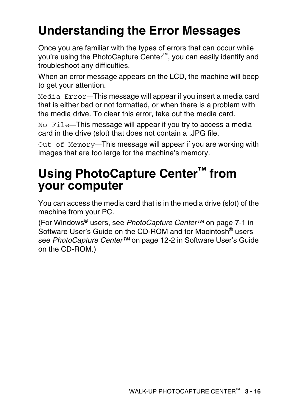 Understanding the error messages, Using photocapture center™ from your computer, From your computer -16 | Using photocapture center | Brother DCP-115C User Manual | Page 61 / 110