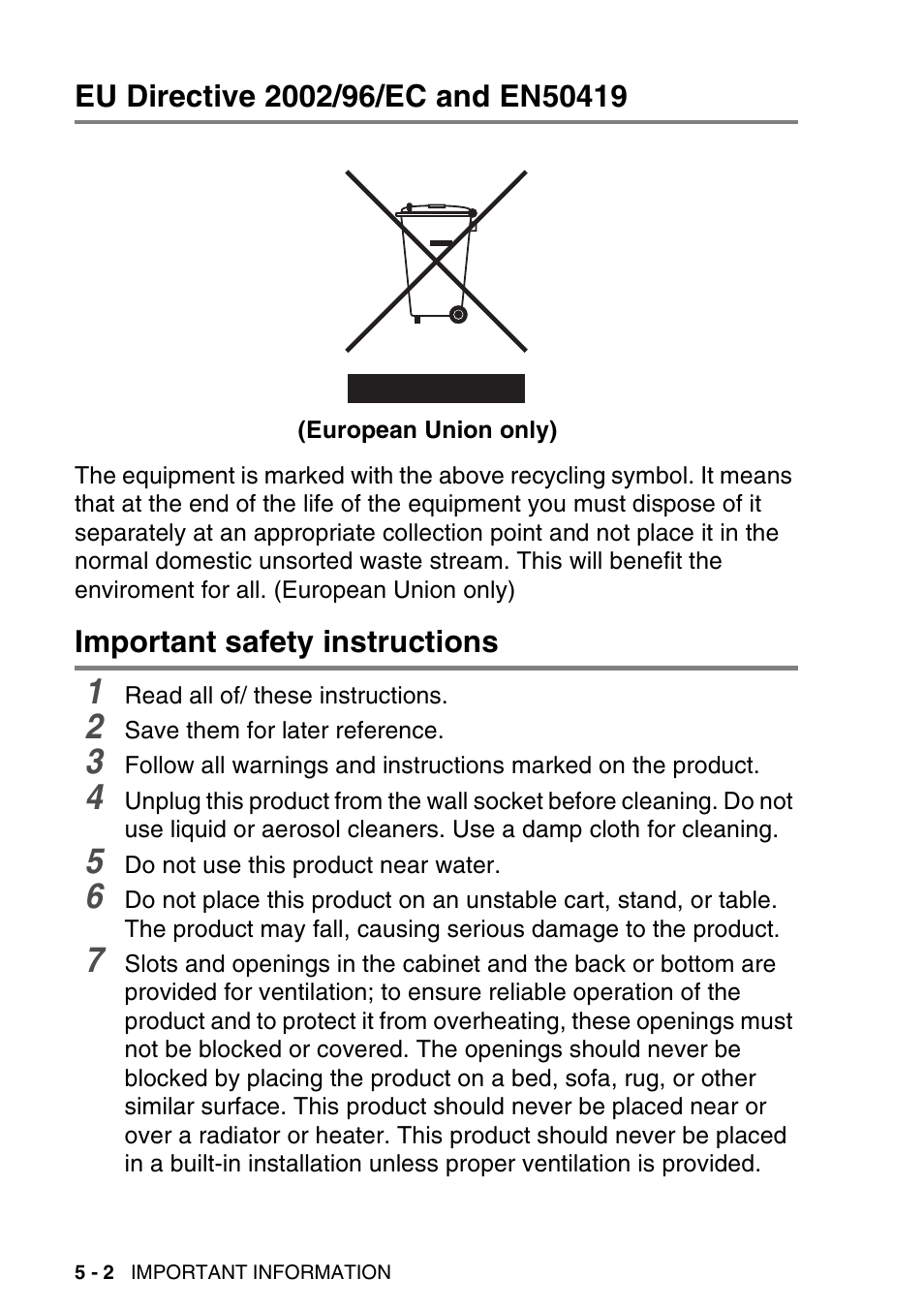 Eu directive 2002/96/ec and en50419, Important safety instructions | Brother DCP-115C User Manual | Page 64 / 110