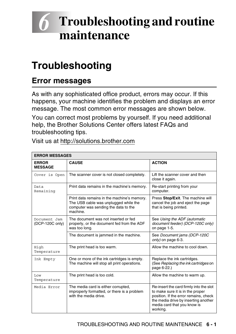 6 troubleshooting and routine maintenance, Troubleshooting, Error messages | Troubleshooting and routine maintenance -1, Troubleshooting -1, Error messages -1, Troubleshooting and routine maintenance | Brother DCP-115C User Manual | Page 67 / 110