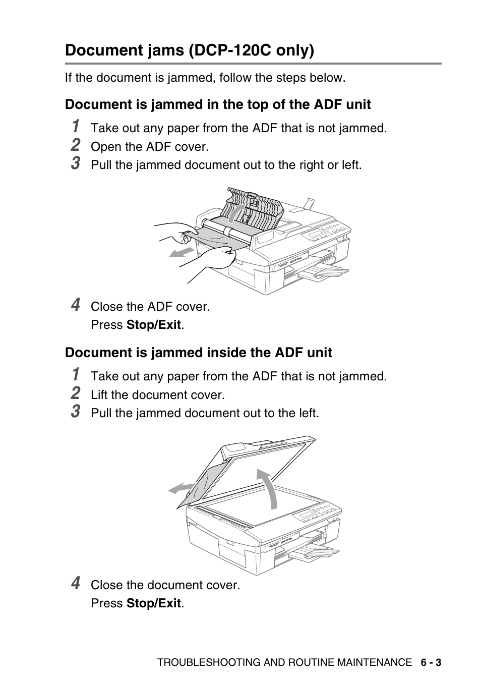 Document jams (dcp-120c only), Document is jammed in the top of the adf unit, Document is jammed inside the adf unit | Document jams (dcp-120c only) -3 | Brother DCP-115C User Manual | Page 69 / 110