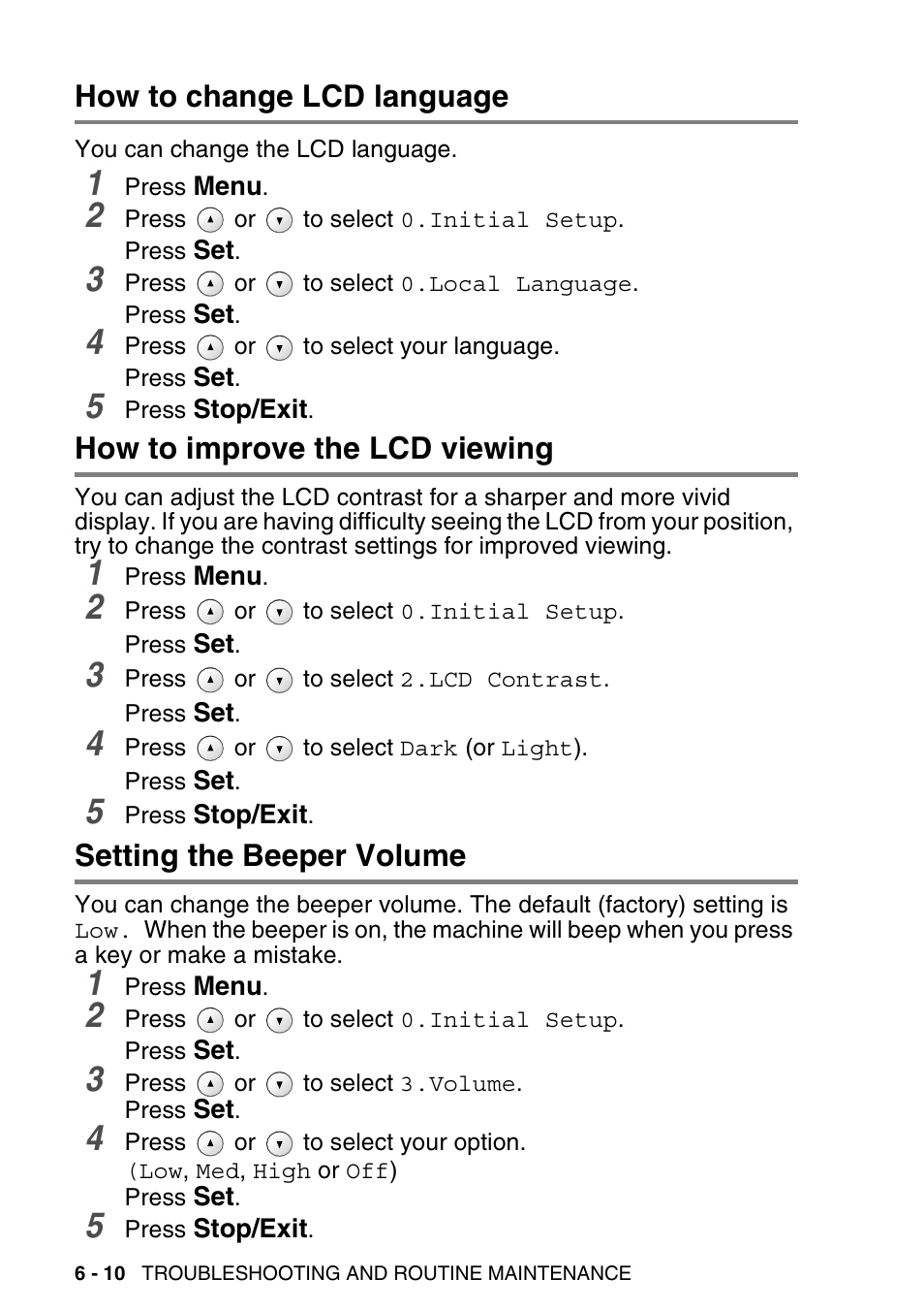 How to change lcd language, How to improve the lcd viewing, Setting the beeper volume | Brother DCP-115C User Manual | Page 76 / 110