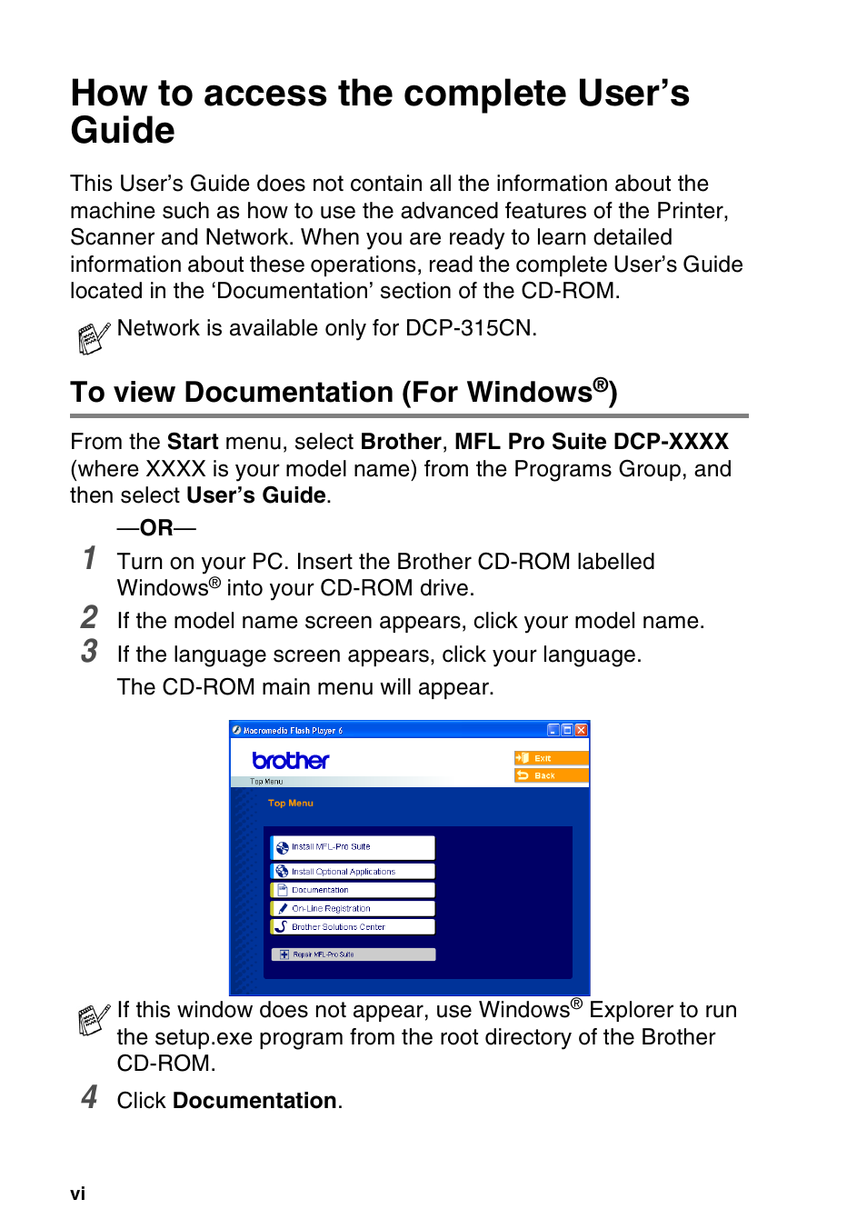 How to access the complete user’s guide, To view documentation (for windows®) | Brother DCP-115C User Manual | Page 8 / 110