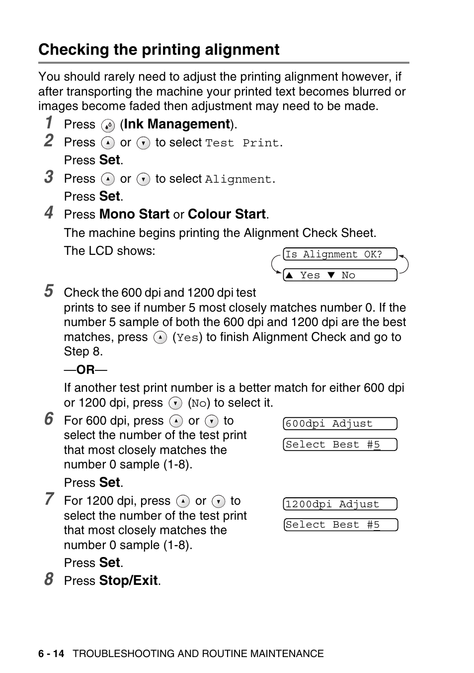 Checking the printing alignment, Checking the printing alignment -14 | Brother DCP-115C User Manual | Page 80 / 110