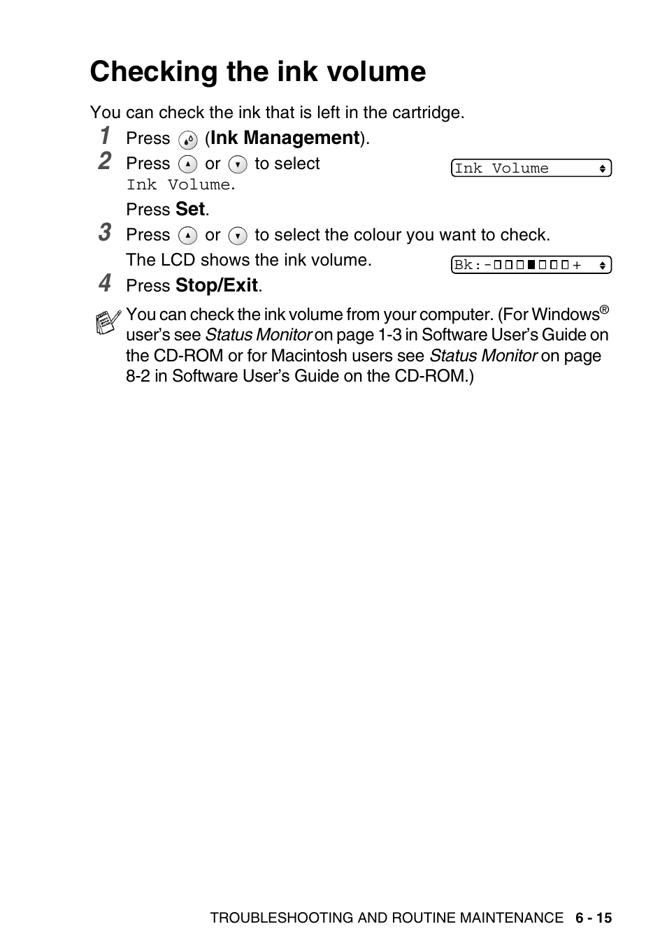 Checking the ink volume, Checking the ink volume -15 | Brother DCP-115C User Manual | Page 81 / 110