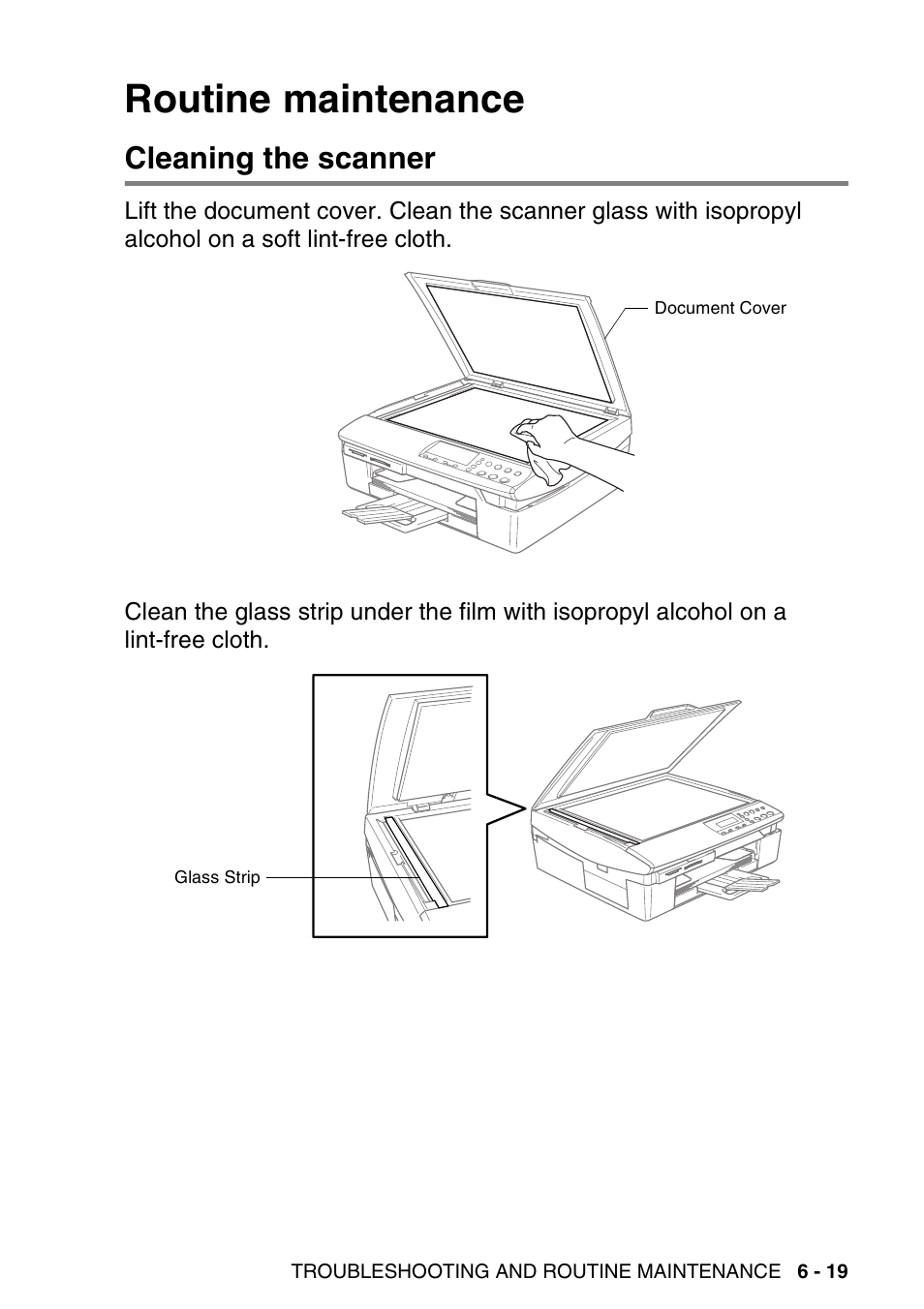 Routine maintenance, Cleaning the scanner, Routine maintenance -19 | Cleaning the scanner -19 | Brother DCP-115C User Manual | Page 85 / 110