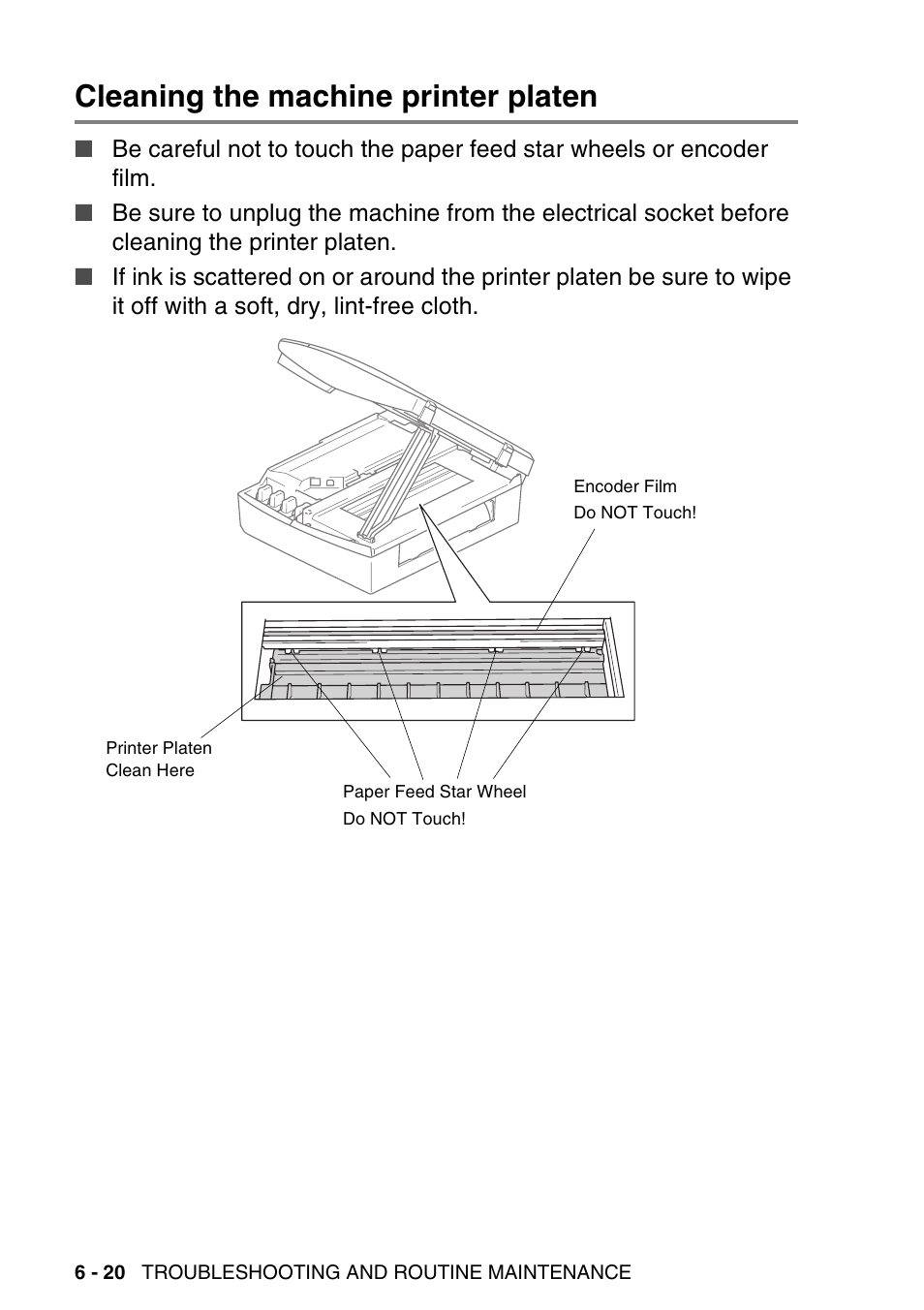 Cleaning the machine printer platen, Cleaning the machine printer platen -20 | Brother DCP-115C User Manual | Page 86 / 110