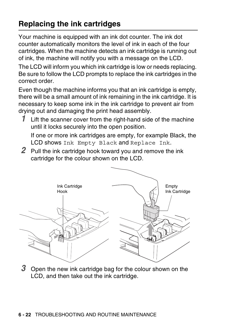 Replacing the ink cartridges, Replacing the ink cartridges -22 | Brother DCP-115C User Manual | Page 88 / 110