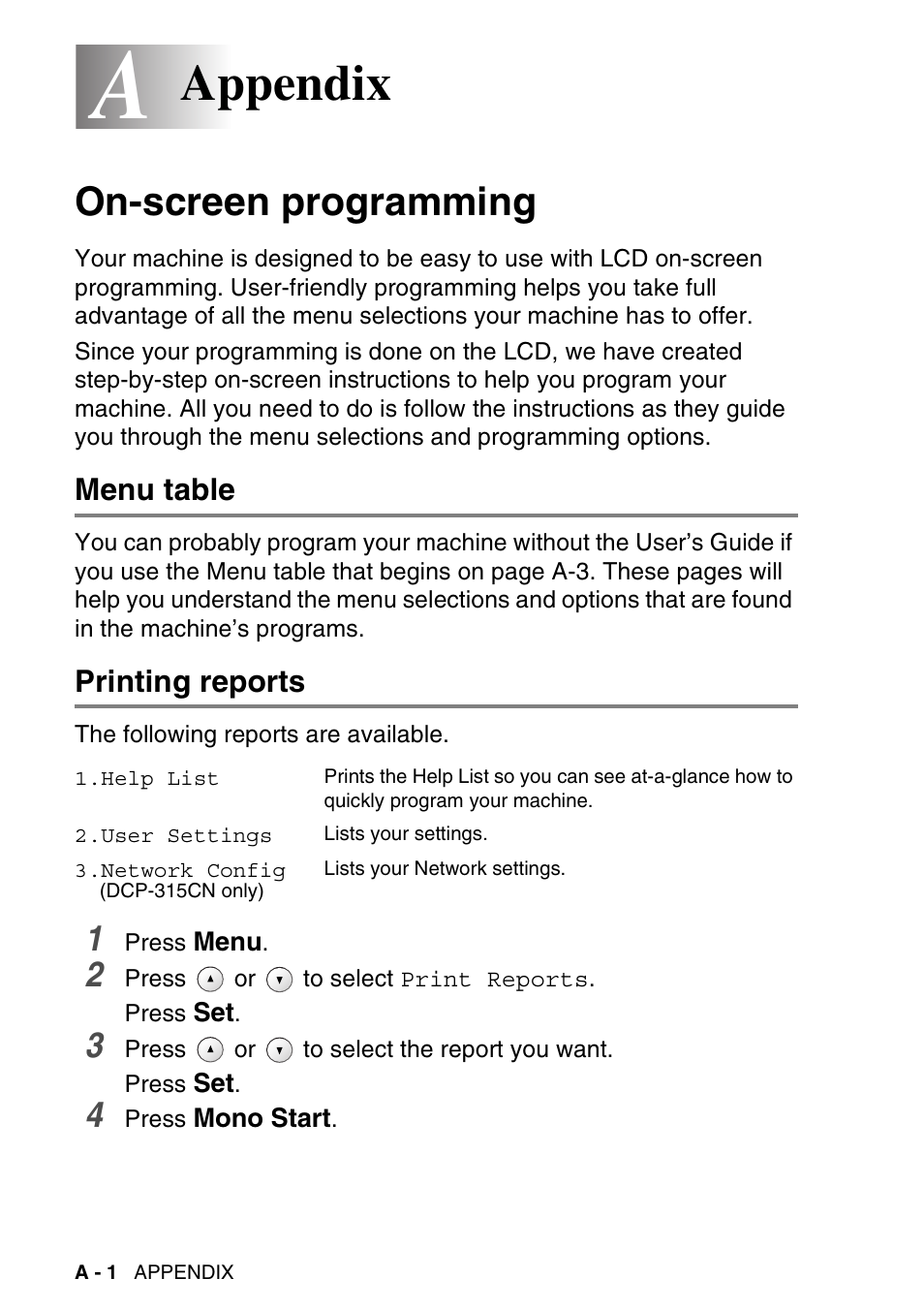 Appendix, On-screen programming, Menu table | Printing reports | Brother DCP-115C User Manual | Page 92 / 110