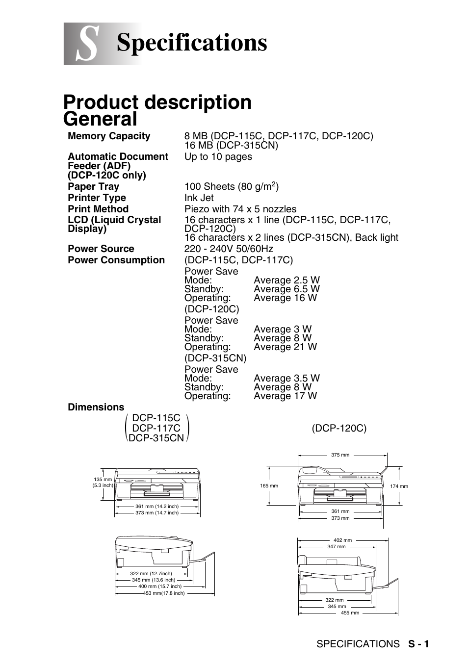 Specifications, Product description, General | Product description general | Brother DCP-115C User Manual | Page 99 / 110