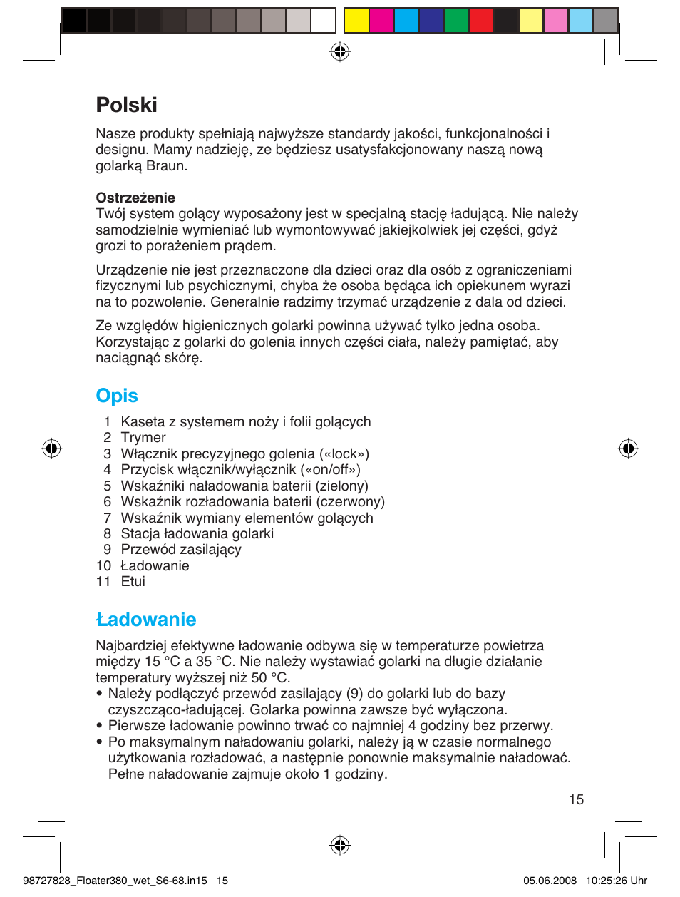 Polski, Opis, Ładowanie | Braun 380 Series 3 User Manual | Page 14 / 62