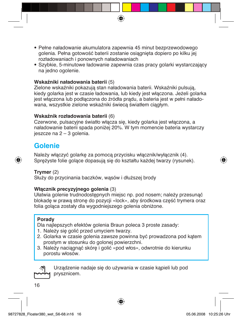 Golenie | Braun 380 Series 3 User Manual | Page 15 / 62