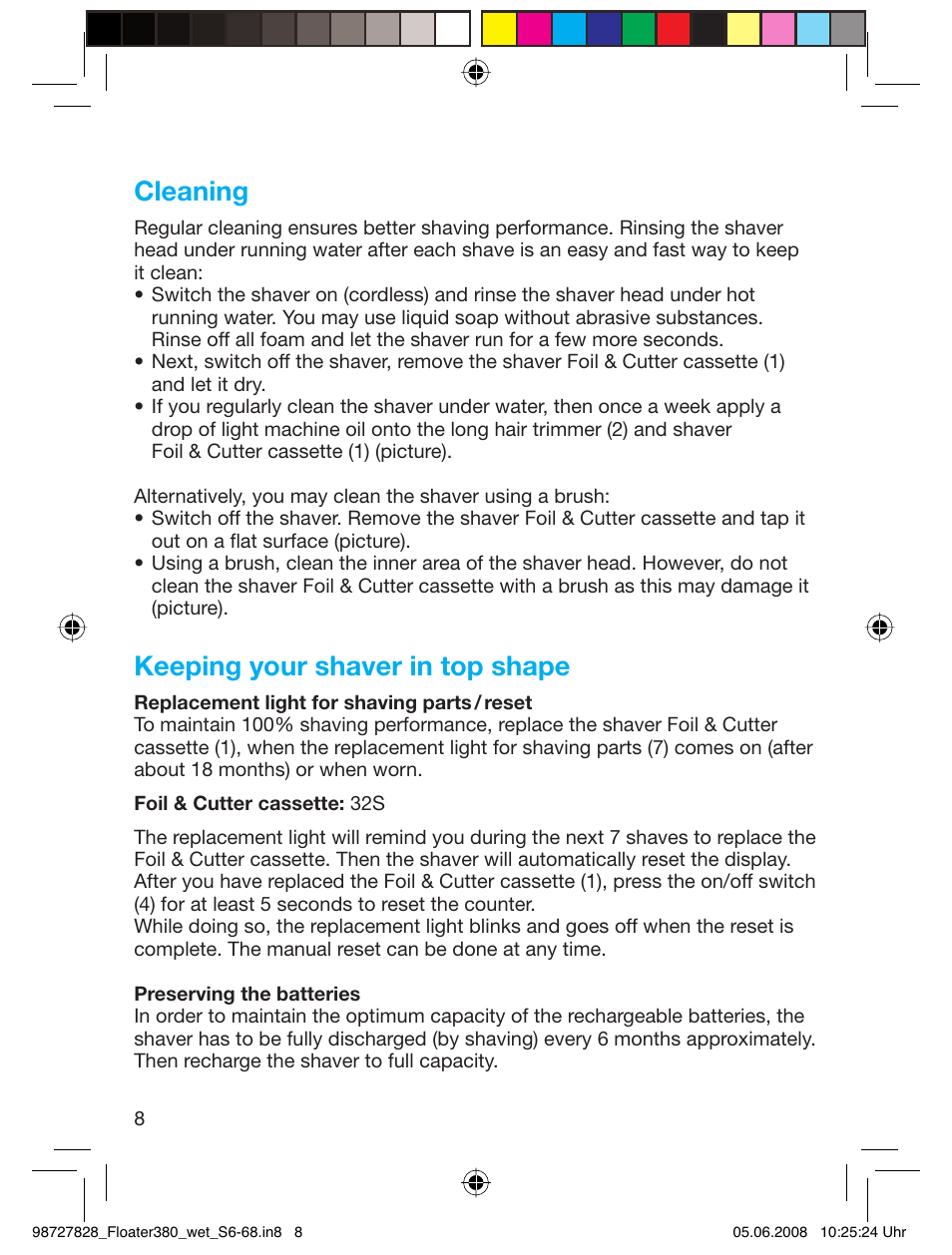 Cleaning, Keeping your shaver in top shape | Braun 380 Series 3 User Manual | Page 7 / 62