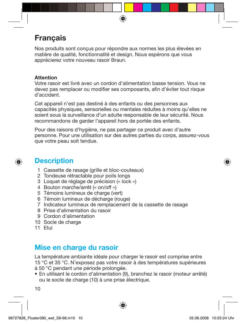 Français, Description, Mise en charge du rasoir | Braun 380 Series 3 User Manual | Page 9 / 62