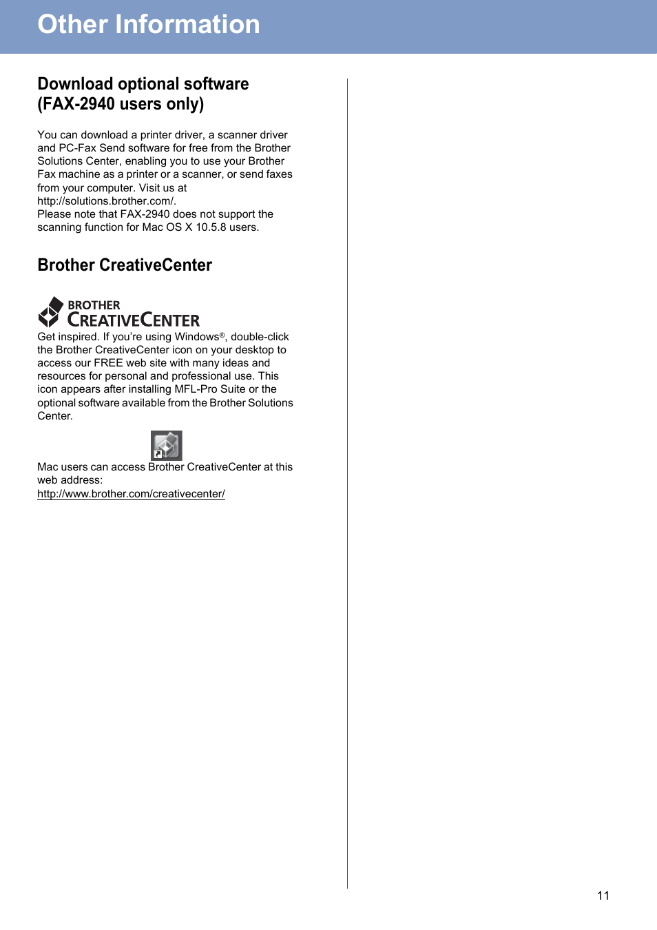 Other information, Download optional software (fax-2940 users only), Brother creativecenter | Brother FAX-2845 User Manual | Page 11 / 13
