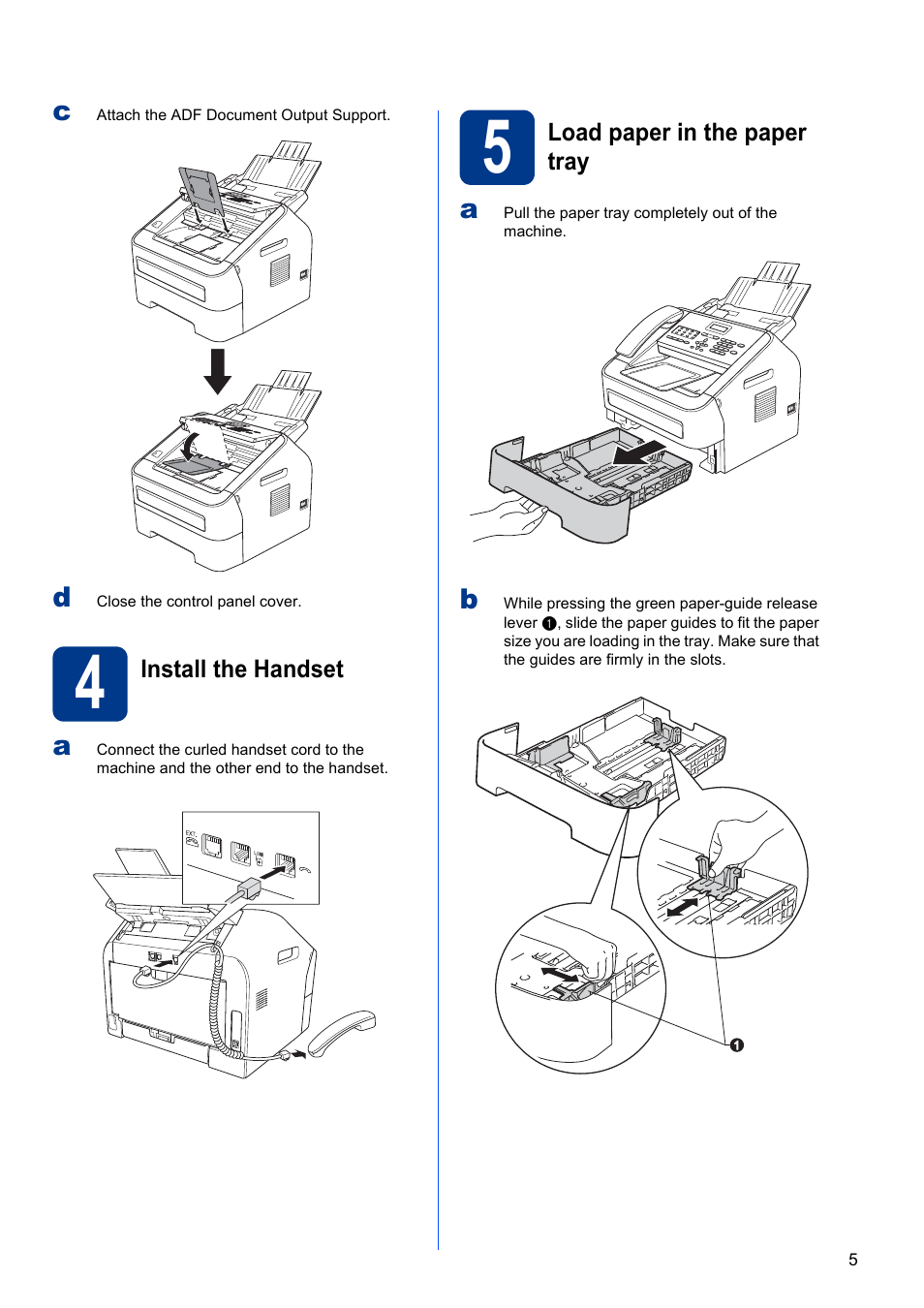 4 install the handset, 5 load paper in the paper tray | Brother FAX-2845 User Manual | Page 5 / 13