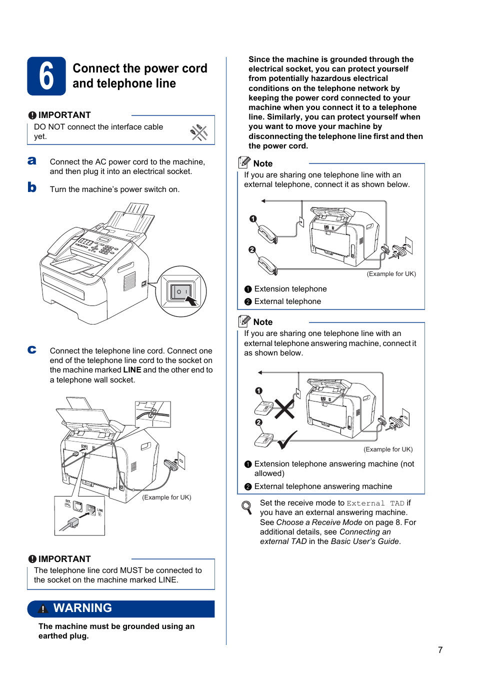 6 connect the power cord and telephone line, Connect the power cord and telephone line, Warning | Brother FAX-2845 User Manual | Page 7 / 13