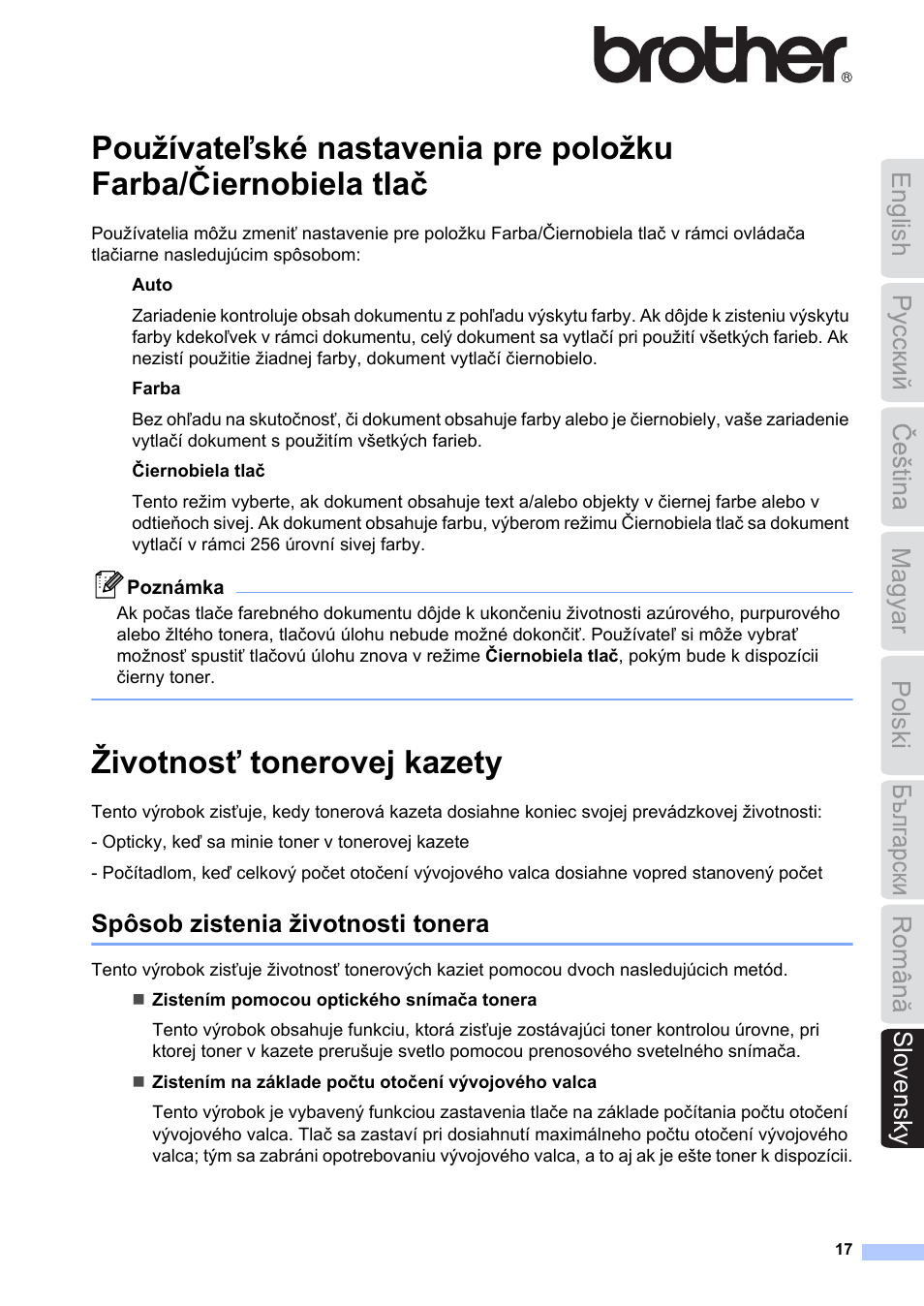 Slovensky, Životnos ñ tonerovej kazety, English magyar polski slovensky | Spôsob zistenia životnosti tonera | Brother MFC 9970CDW User Manual | Page 17 / 19