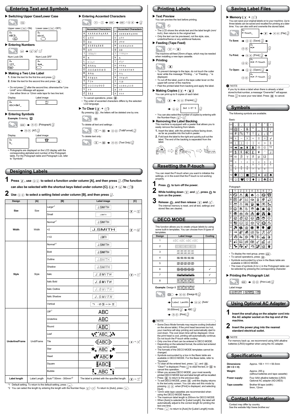 Entering text and symbols, Designing labels, Printing labels | Resetting the p-touch, Deco mode, Saving label files, Symbols, Using optional ac adapter, Specifications contact information | Brother PT-90 User Manual | Page 2 / 2