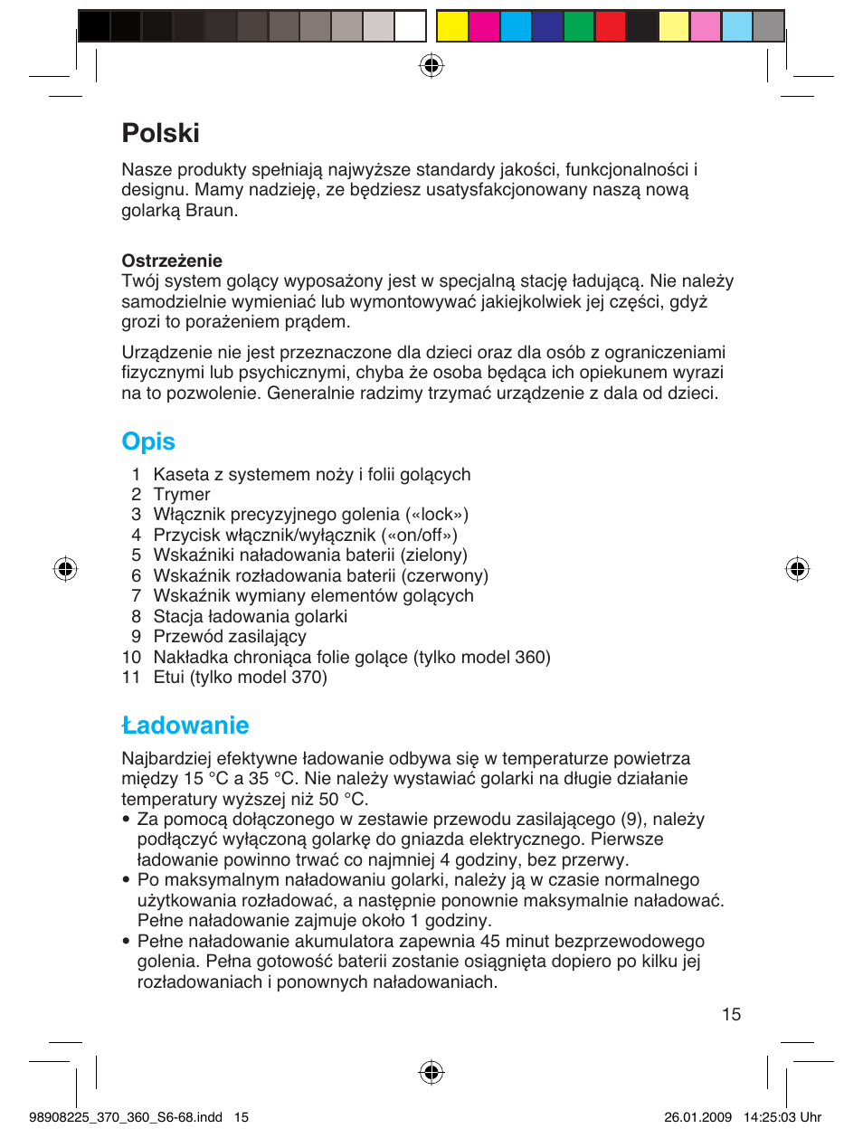 Polski, Opis, Ładowanie | Braun 370 Series 3 User Manual | Page 14 / 62