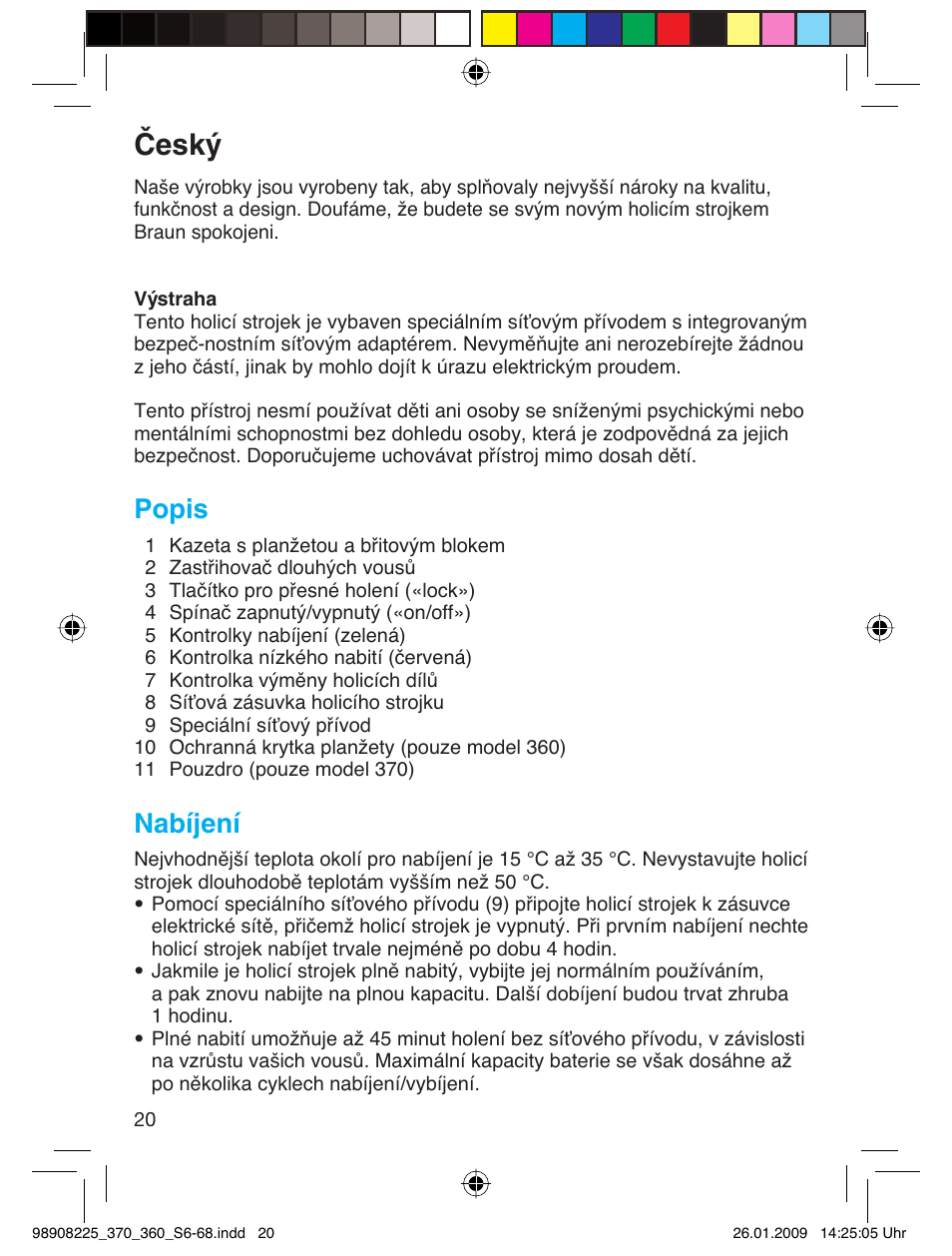 Český, Popis, Nabíjení | Braun 370 Series 3 User Manual | Page 19 / 62