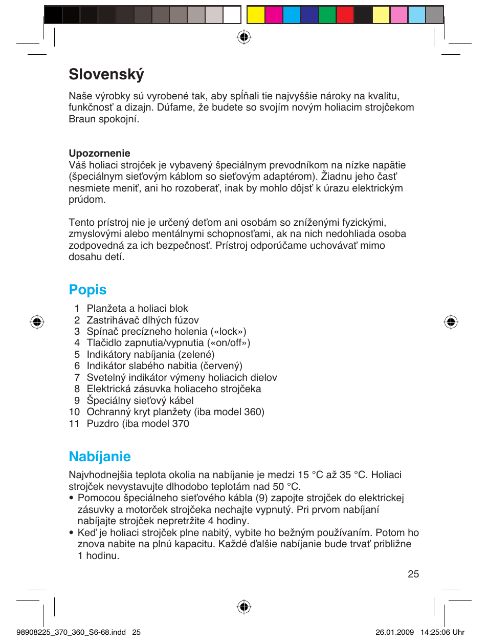 Slovenský, Popis, Nabíjanie | Braun 370 Series 3 User Manual | Page 24 / 62