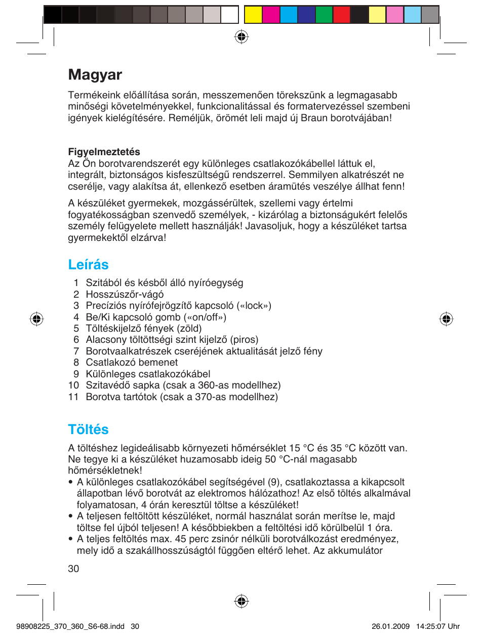Magyar, Leírás, Töltés | Braun 370 Series 3 User Manual | Page 29 / 62
