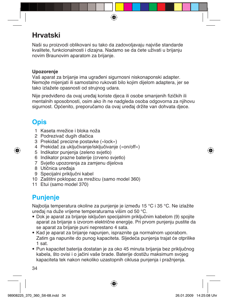 Hrvatski, Opis, Punjenje | Braun 370 Series 3 User Manual | Page 33 / 62