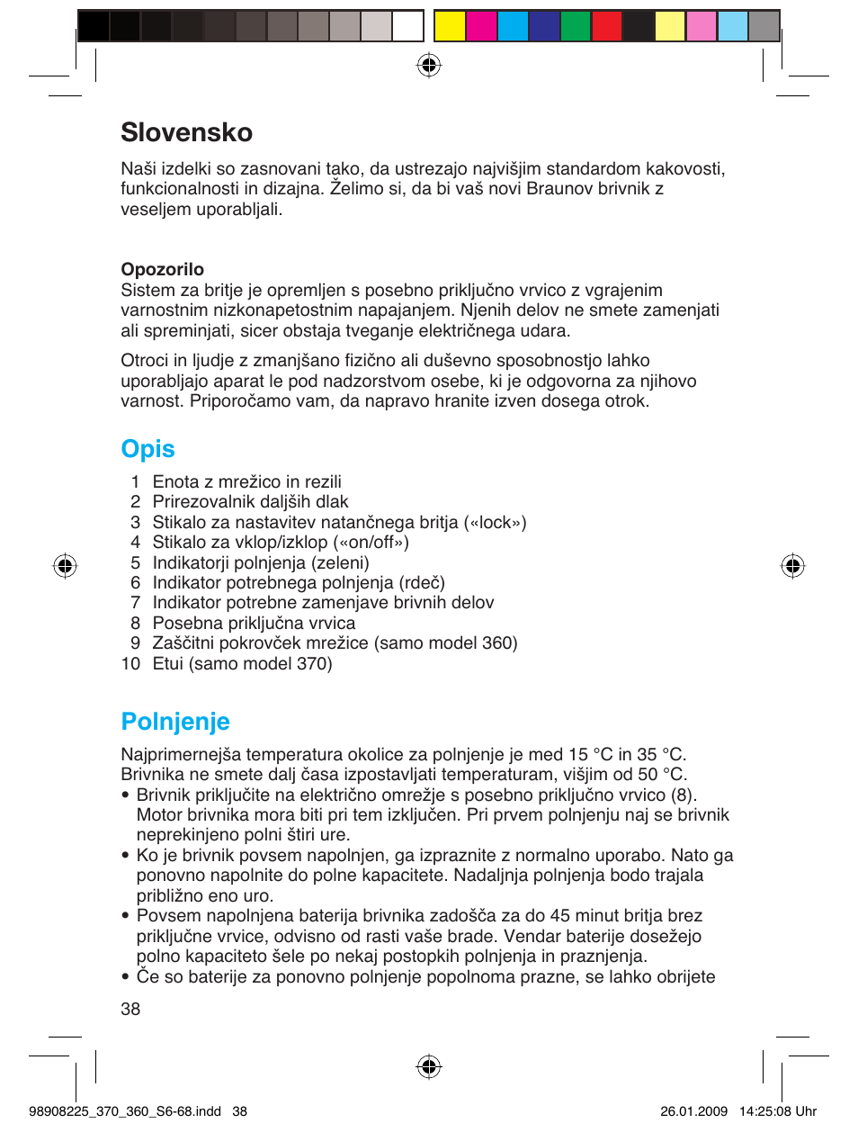Slovensko, Opis, Polnjenje | Braun 370 Series 3 User Manual | Page 37 / 62