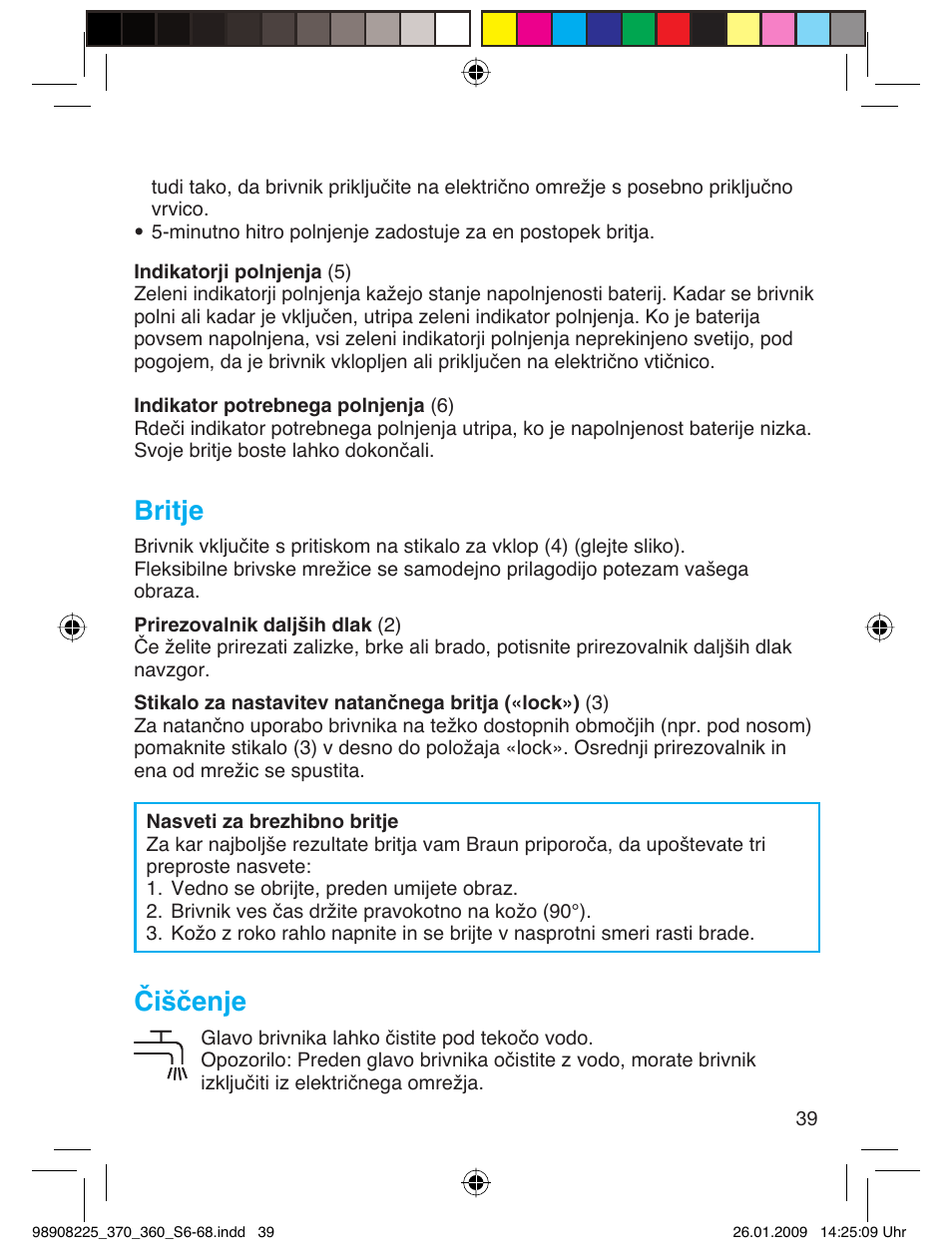 Britje, Čiščenje | Braun 370 Series 3 User Manual | Page 38 / 62