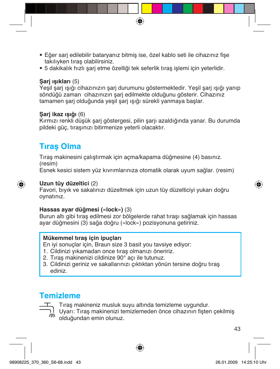 Tıraş olma, Temizleme | Braun 370 Series 3 User Manual | Page 42 / 62