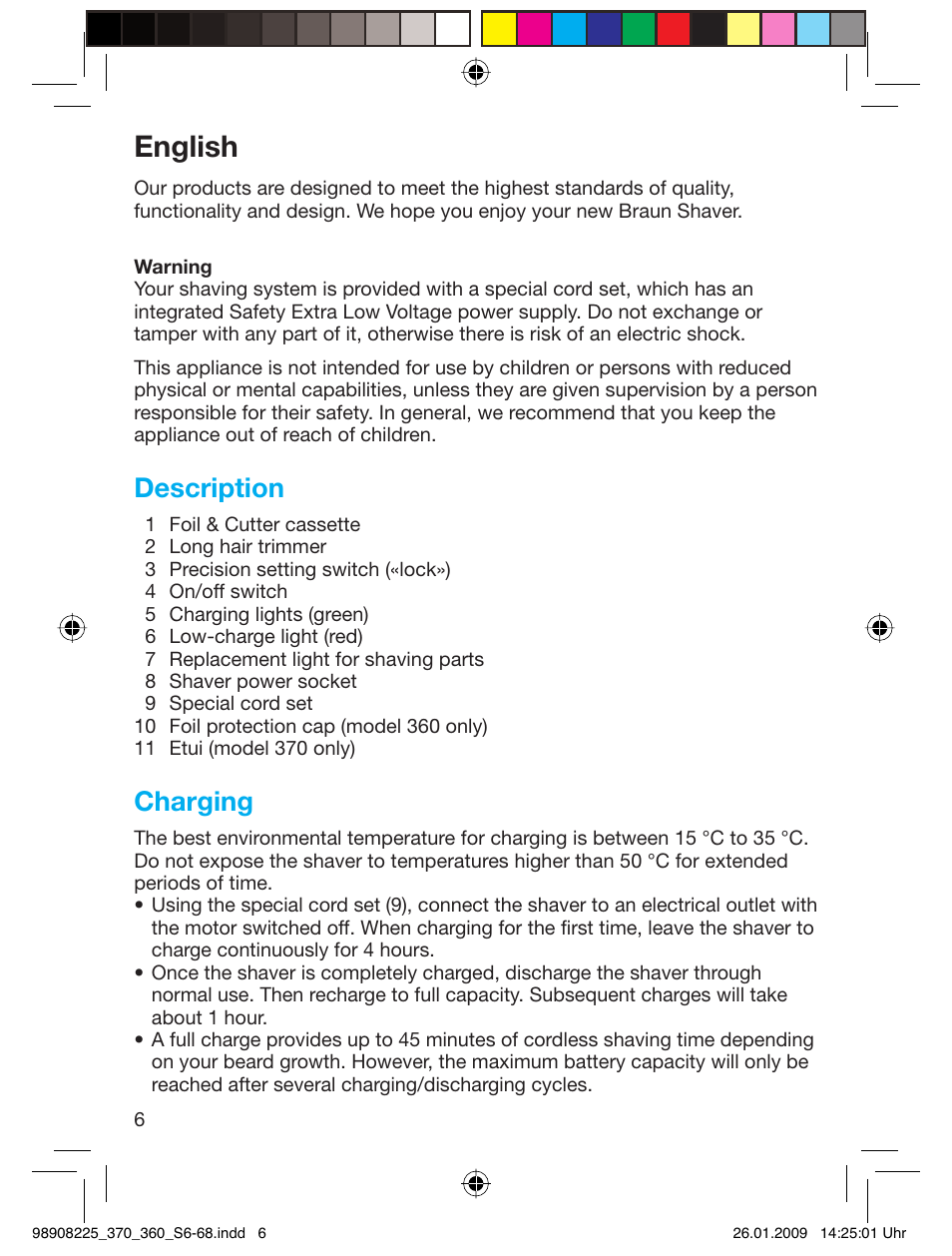 English, Description, Charging | Braun 370 Series 3 User Manual | Page 5 / 62