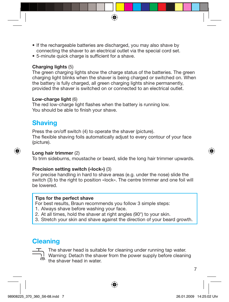 Shaving, Cleaning | Braun 370 Series 3 User Manual | Page 6 / 62
