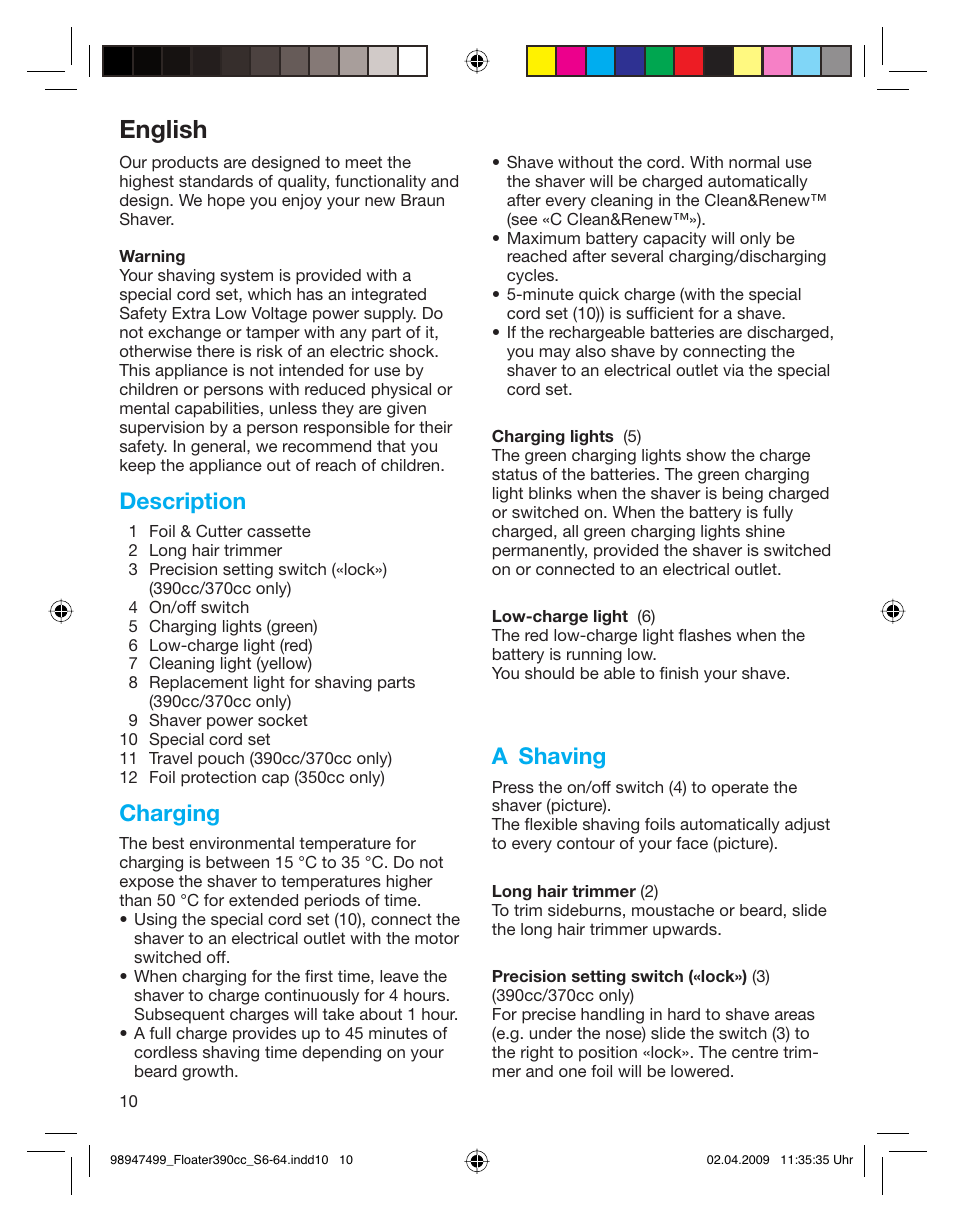 English, Description, Charging | A shaving | Braun 350cc Series 3 User Manual | Page 10 / 64