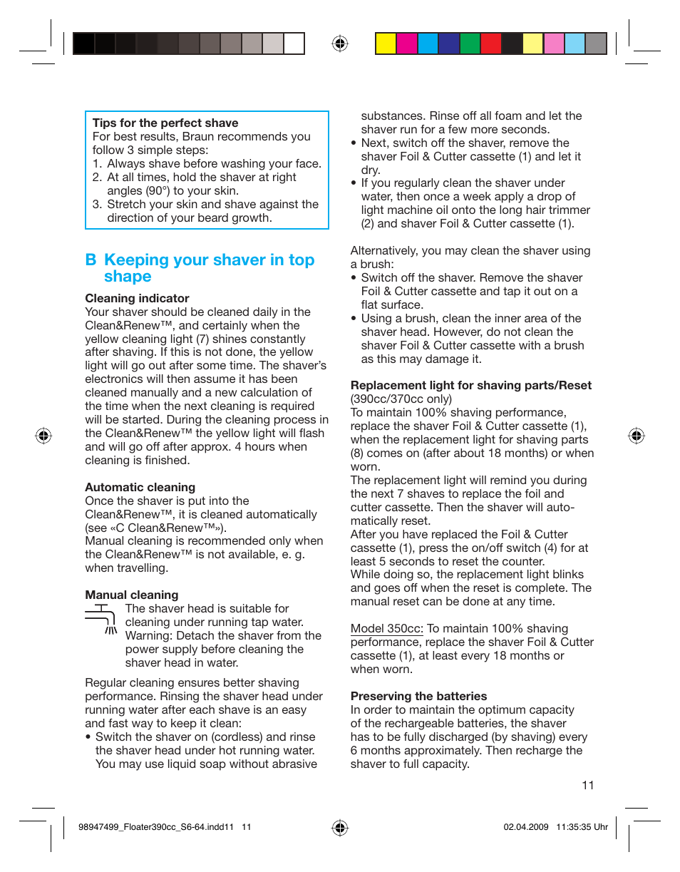 B keeping your shaver in top shape | Braun 350cc Series 3 User Manual | Page 11 / 64