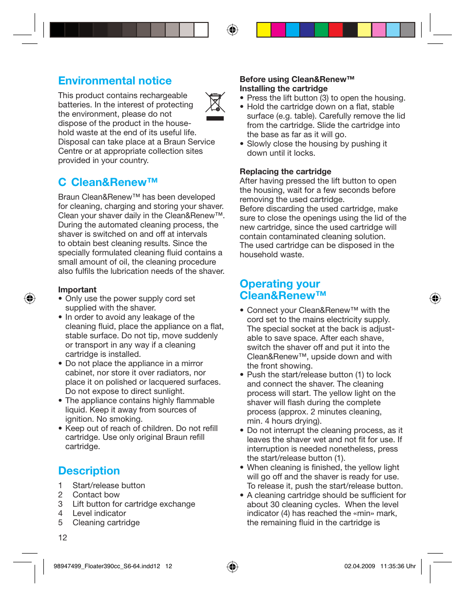 Environmental notice, C clean&renew, Description | Operating your clean&renew | Braun 350cc Series 3 User Manual | Page 12 / 64