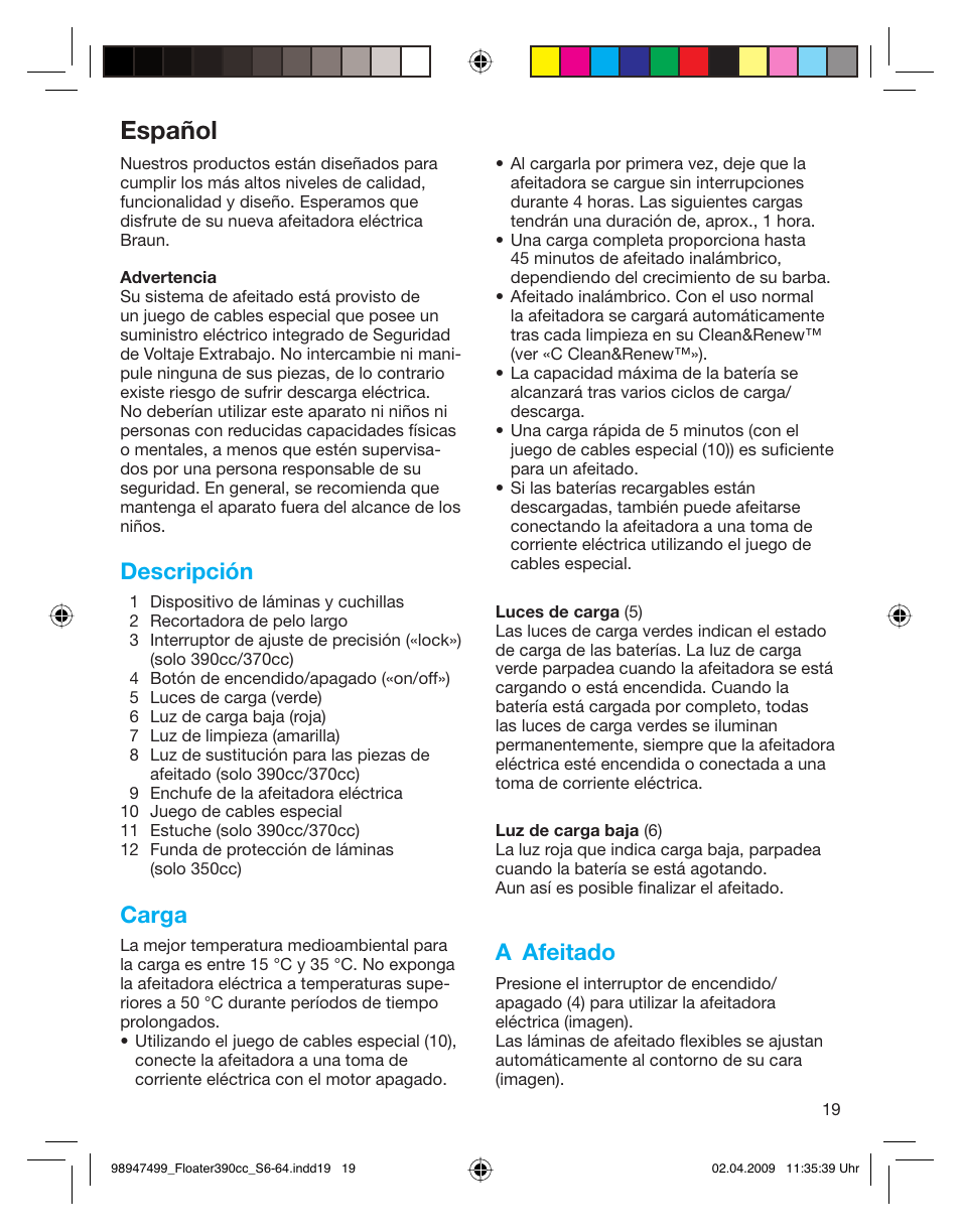 Español, Descripción, Carga | A afeitado | Braun 350cc Series 3 User Manual | Page 19 / 64