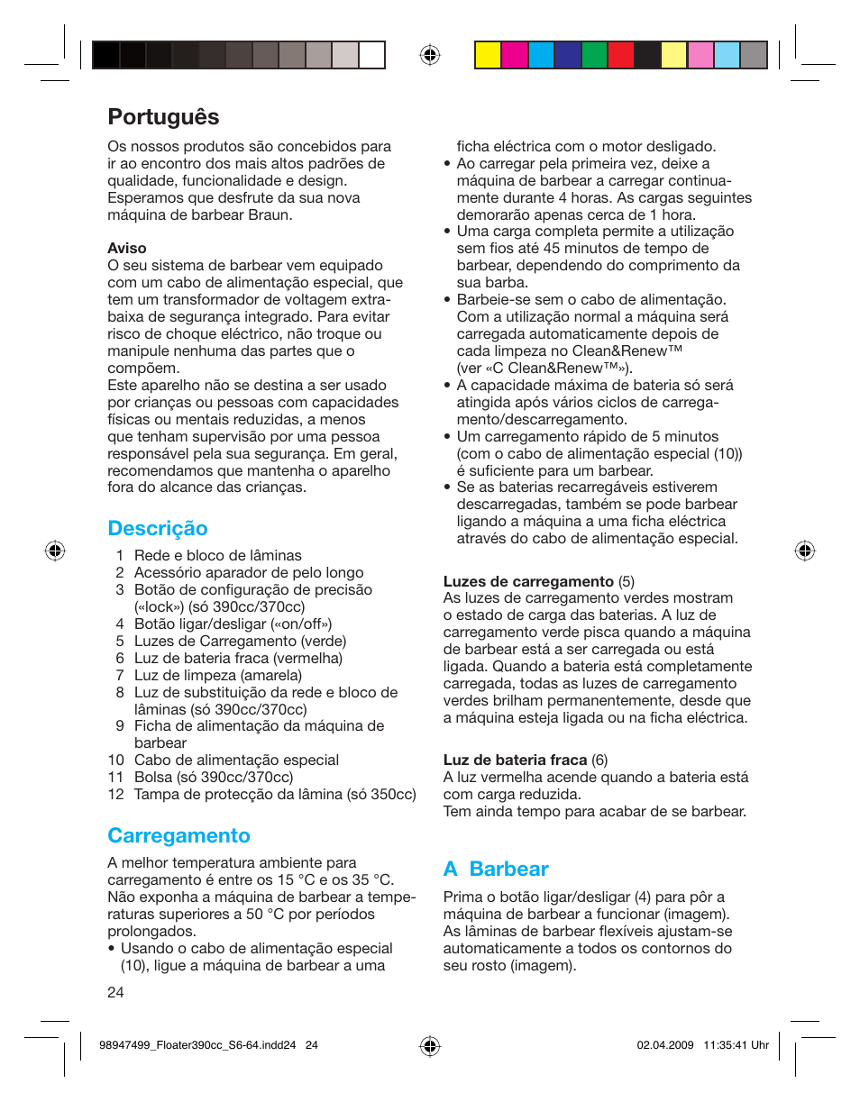 Português, Descrição, Carregamento | A barbear | Braun 350cc Series 3 User Manual | Page 24 / 64