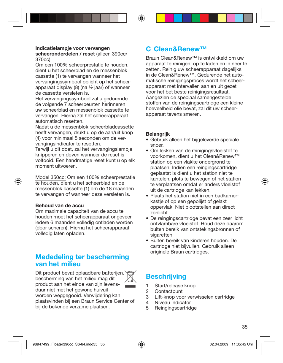Mededeling ter bescherming van het milieu, C clean&renew, Beschrijving | Braun 350cc Series 3 User Manual | Page 35 / 64