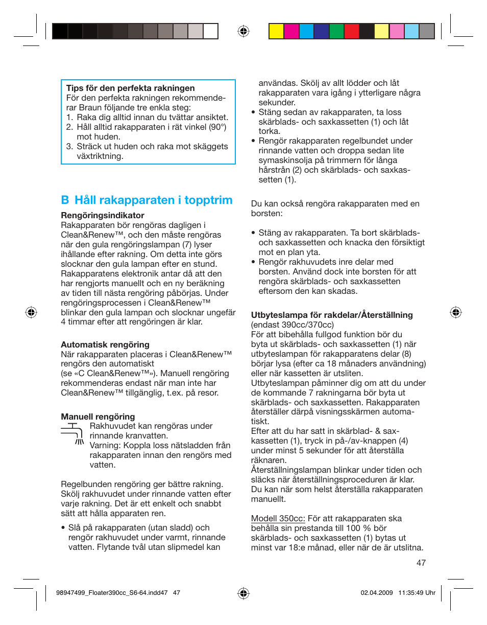 B håll rakapparaten i topptrim | Braun 350cc Series 3 User Manual | Page 47 / 64