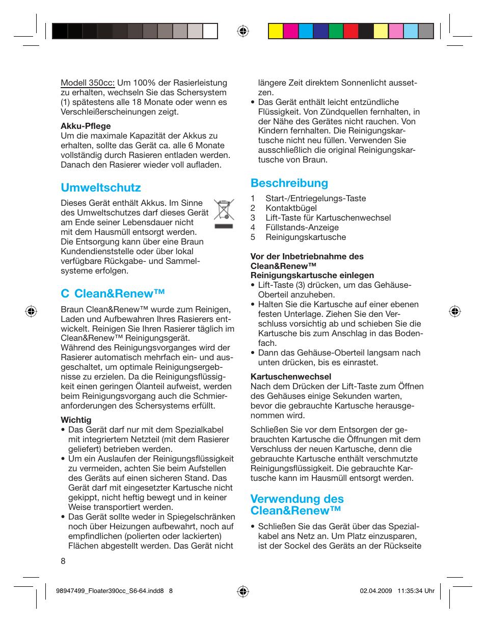 Umweltschutz, C clean&renew, Beschreibung | Verwendung des clean&renew | Braun 350cc Series 3 User Manual | Page 8 / 64