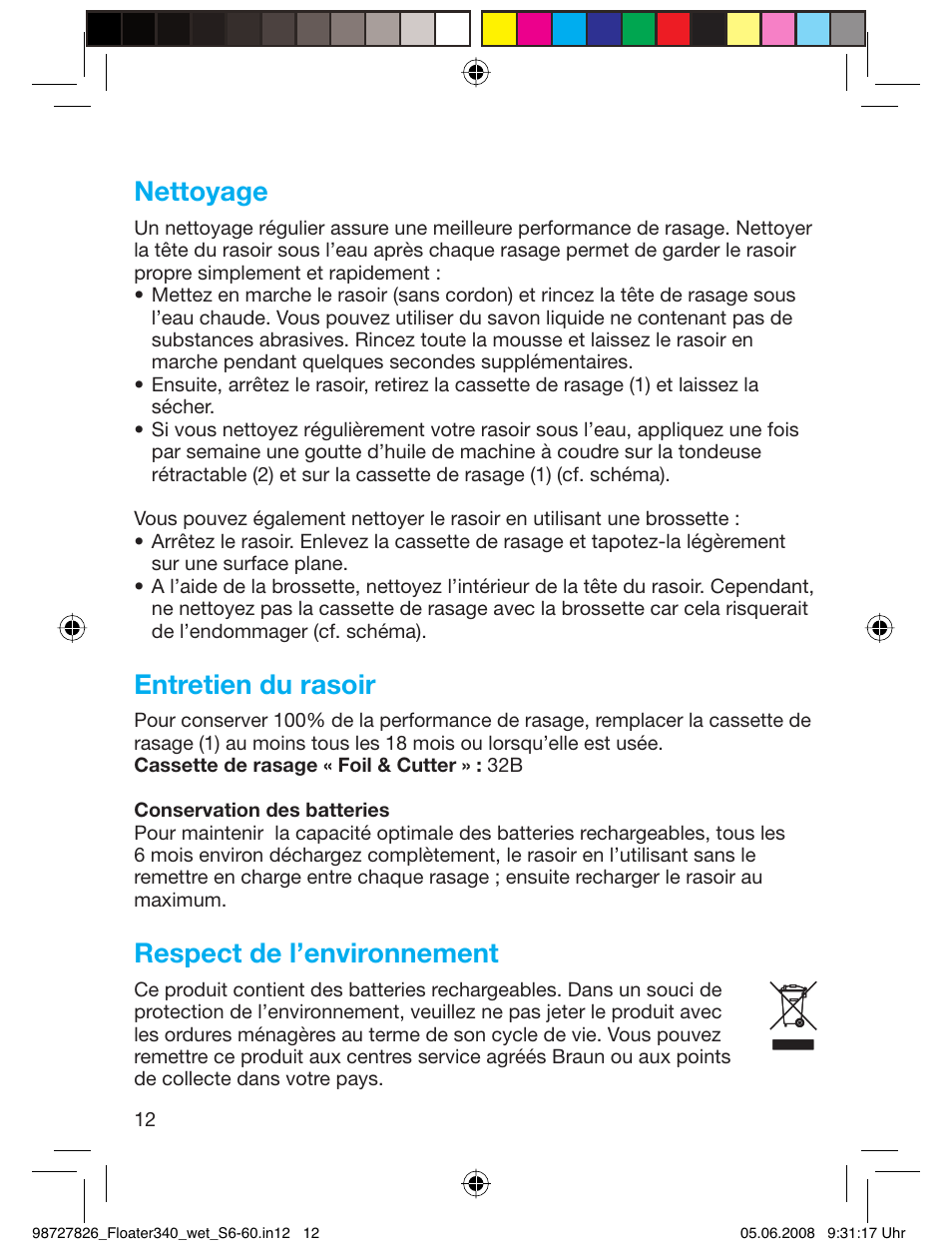 Nettoyage, Entretien du rasoir, Respect de l’environnement | Braun 340 Series 3  RU User Manual | Page 11 / 56