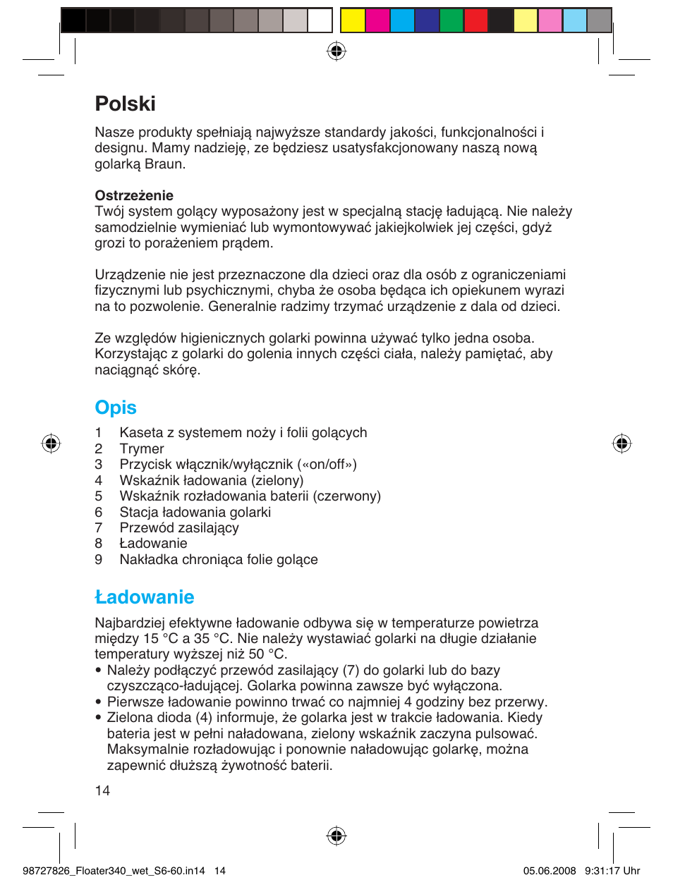 Polski, Opis, Ładowanie | Braun 340 Series 3  RU User Manual | Page 13 / 56
