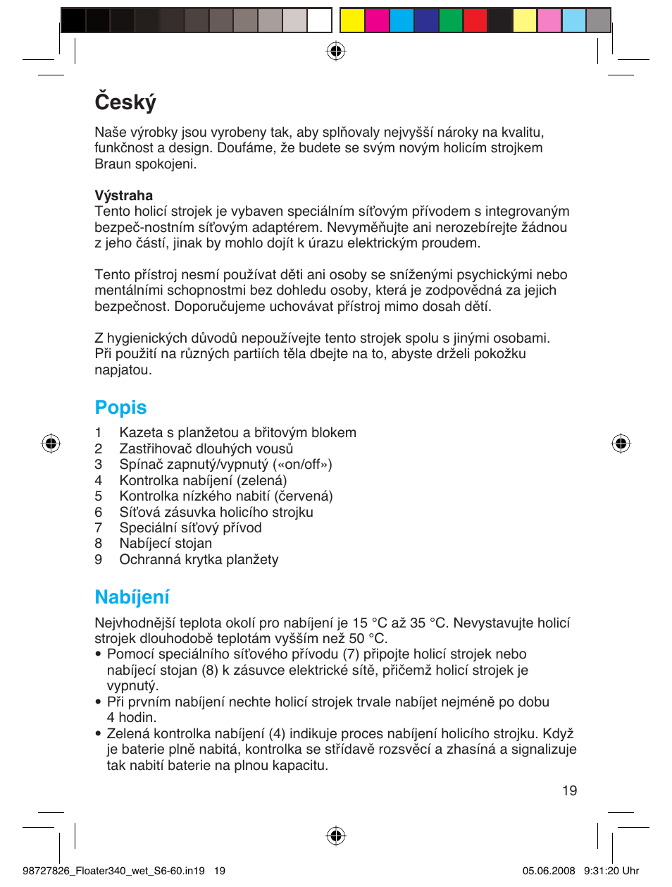 Český, Popis, Nabíjení | Braun 340 Series 3  RU User Manual | Page 18 / 56