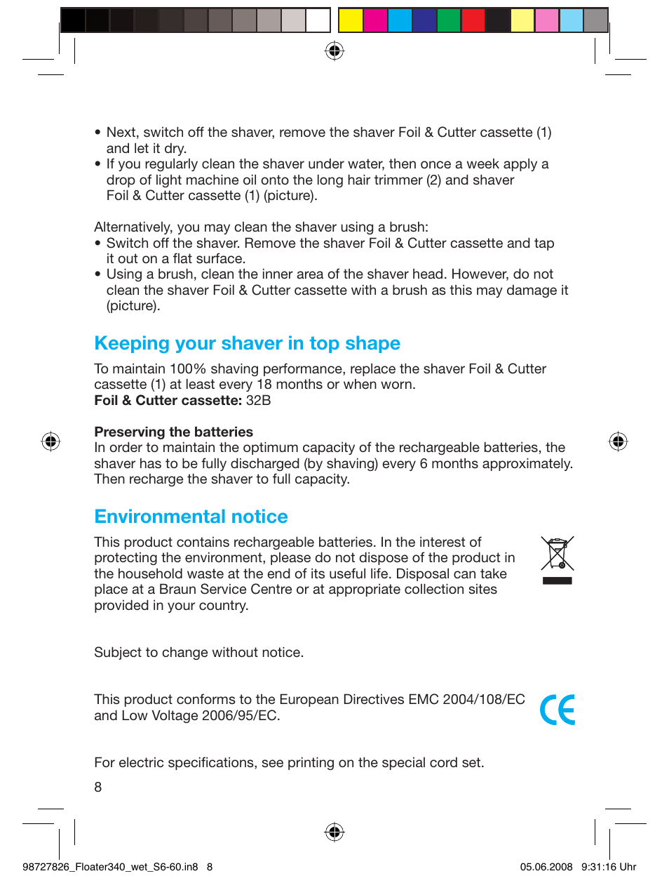 Keeping your shaver in top shape, Environmental notice | Braun 340 Series 3  RU User Manual | Page 7 / 56