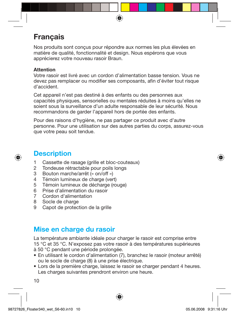 Français, Description, Mise en charge du rasoir | Braun 340 Series 3  RU User Manual | Page 9 / 56