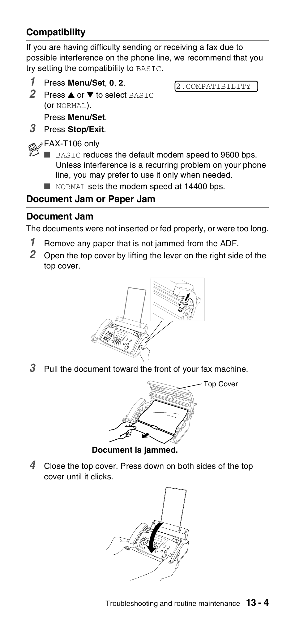 Compatibility, Document jam or paper jam, Compatibility -4 document jam or paper jam -4 | Brother FAX-T106 User Manual | Page 101 / 119