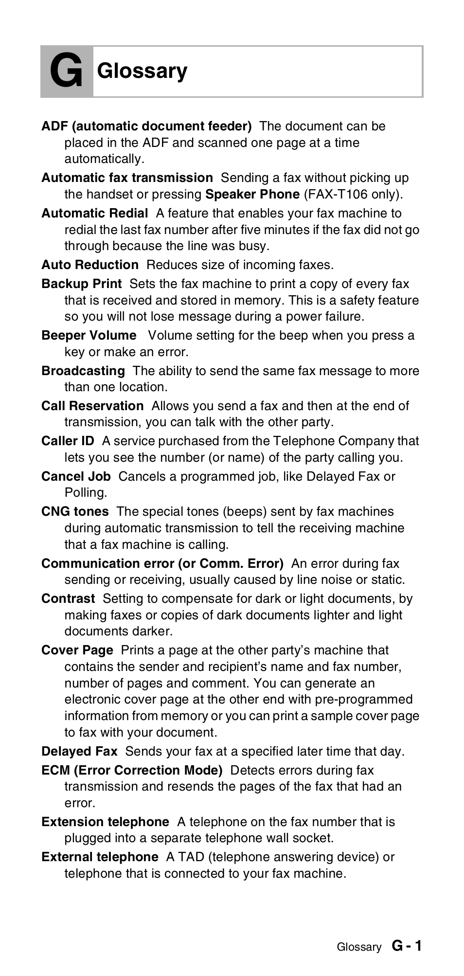 Glossary | Brother FAX-T106 User Manual | Page 109 / 119